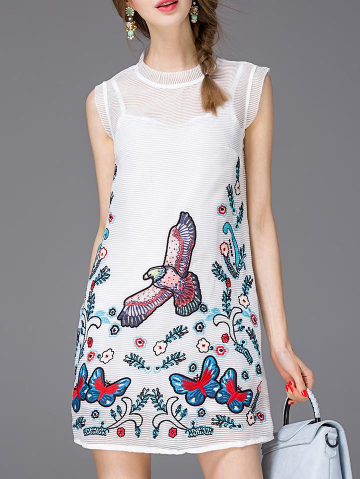 Romwe White Ruffle Embroidered Shift Dress