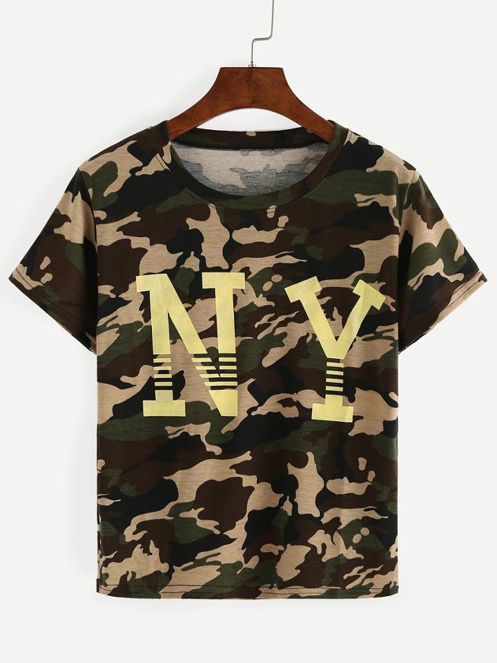 Romwe Letter Print Camo T-shirt - Olive Green