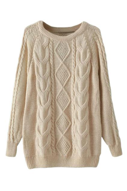 Romwe Twist Pattern Knitted Cream Jumper