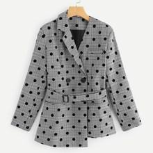 Romwe Double Breasted Polka Dot Belted Blazer