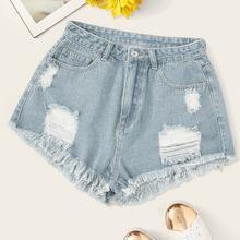 Romwe Faded Wash Destroyed Ripped Raw Hem Denim Shorts