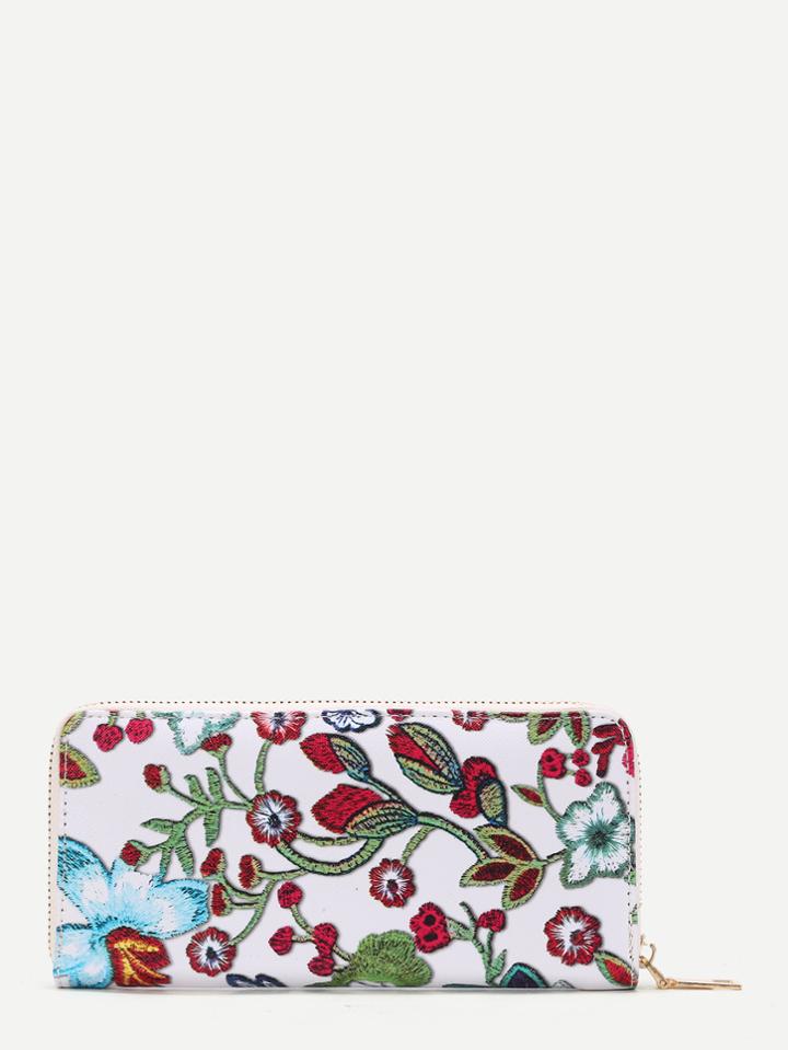Romwe Flower Embroidery Pu Wallet