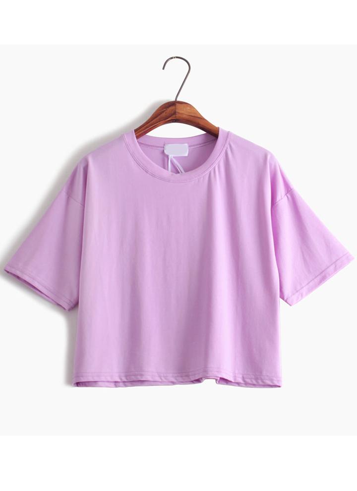 Romwe Round Neck Crop Purple T-shirt