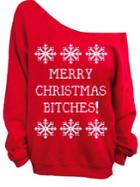 Romwe Oblique Shoulder Christmas Snowflake Print Red Sweatshirt