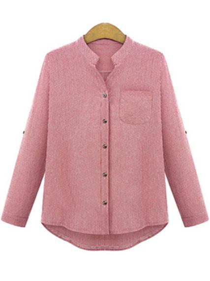 Romwe Dip Hem Vertical Striped With Pocket Pink Blouse