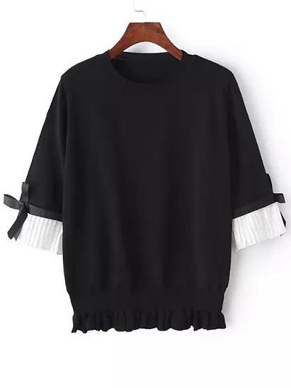 Romwe Contrast Chiffon Fungus Hem Bow Black Sweater