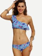 Romwe Blue Printed Flounce One-shoulder Bikini Set