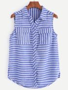 Romwe Blue White Stripe Sleeveless Blouse With Pockets