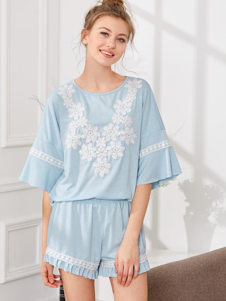 Romwe Ruffle Sleeve Lace Applique Top & Shorts Pj Set