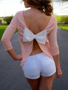 Romwe Pink Bow Embellished Open Back T-shirt