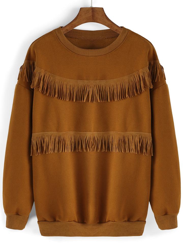 Romwe Tassel Loose Khaki Sweatshirt