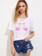 Romwe Cutout Neck Slub Flamingo Tee