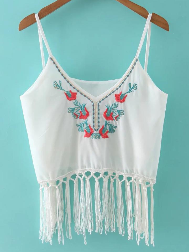 Romwe White Spaghetti Strap Embroidered Tassel Top