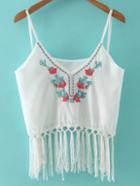 Romwe White Spaghetti Strap Embroidered Tassel Top