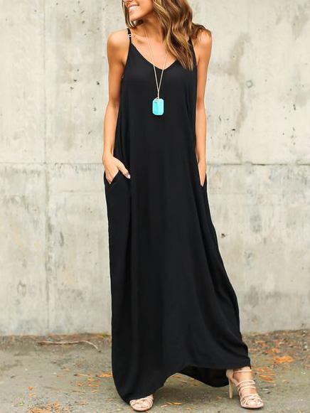 Romwe Loose-fit Maxi Cami Dress With Pockets - Black