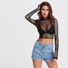 Romwe Mock Neck Fishnet Crop Top