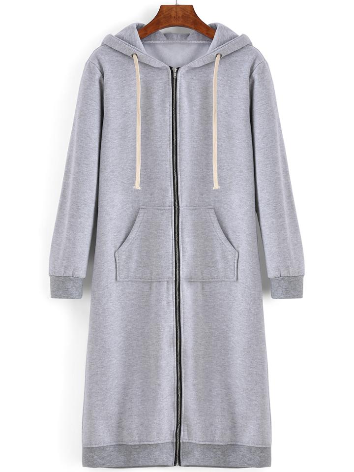Romwe Grey Drawstring Hooded Pocket Zipper Sweatshirt Dress