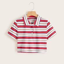 Romwe Striped Button Detail Polo Neck Tee