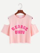 Romwe Pink Cold Shoulder Letter Print Crop T-shirt