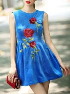 Romwe Blue Round Neck Sleeveless Rose Embroidered Dress