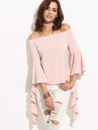 Romwe Pink Off The Shoulder Bell Sleeve Asymmetrical Blouse