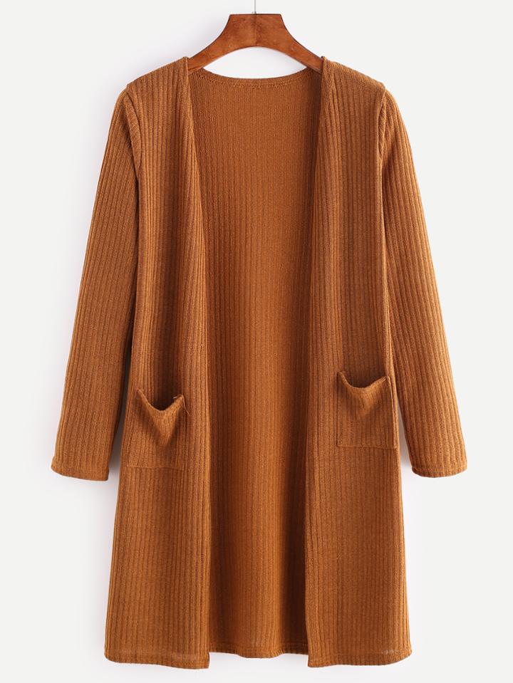 Romwe Ribbed Knit Long Sleeve Cardigan With Pockets