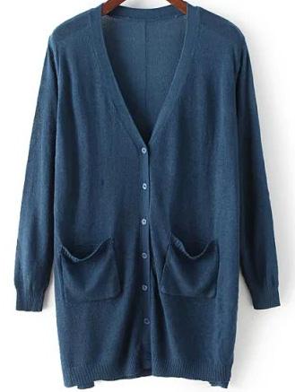 Romwe With Pockets Hollow Side Slit Dark Blue Cardigan