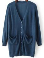 Romwe With Pockets Hollow Side Slit Dark Blue Cardigan