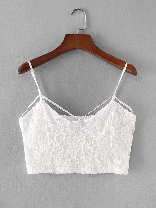 Romwe Strappy Detail Lace Overlay Crop Cami Top