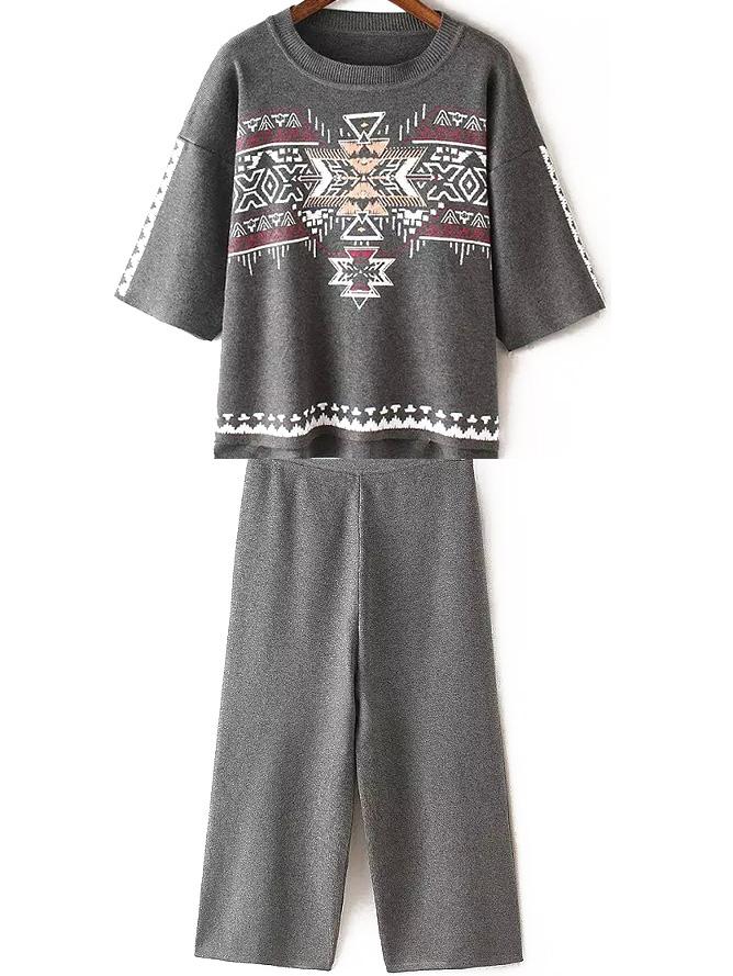 Romwe Geometric Print Slit Top With Pant