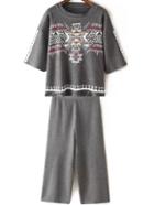 Romwe Geometric Print Slit Top With Pant