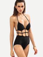 Romwe Black Cage Halter Neck One-piece Swimwear