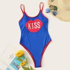 Romwe Contrast Piping Letter Print One Piece Swimsuit