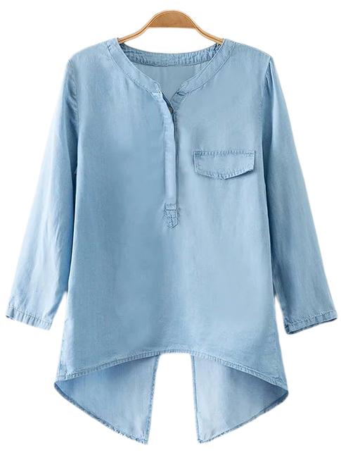 Romwe Blue Fake Pocket Cross Back Denim Blouse