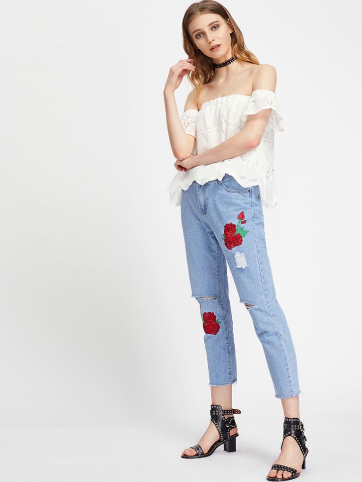 Romwe Floral Embroidered Distress Raw Hem Crop Jeans