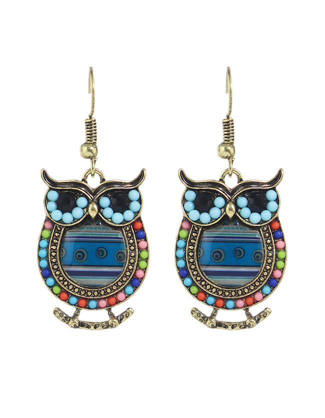 Romwe Blue Enamel Beads Owl Shape Earrings