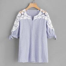 Romwe Plus Striped Contrast Lace Blouse