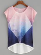 Romwe Multicolor Abstract Print High Low T-shirt