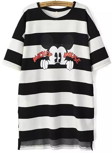 Romwe Dip Hem Striped Mickey Print T-shirt