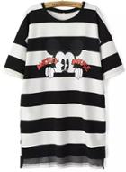 Romwe Dip Hem Striped Mickey Print T-shirt