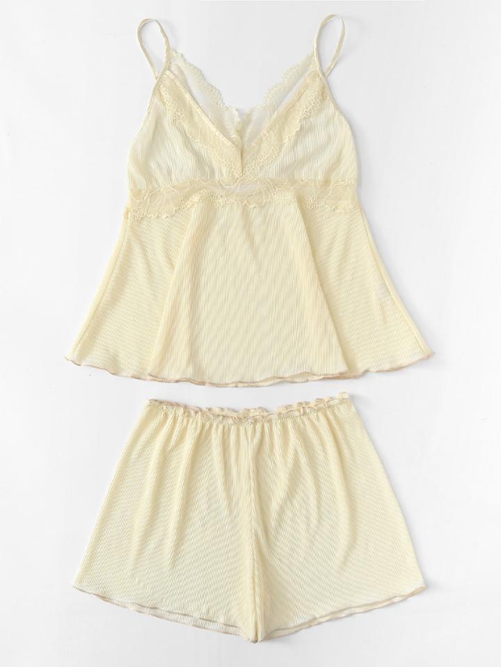Romwe Lace Insert Lettuce Trim Cami & Shorts