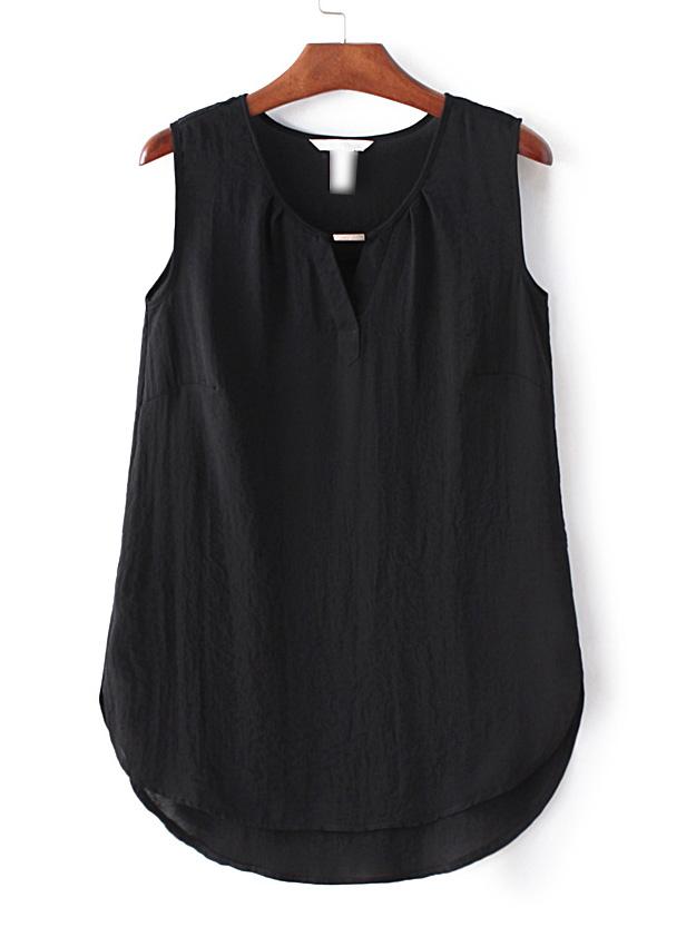 Romwe Black Sleeveless Dipped Hem Split Blouse