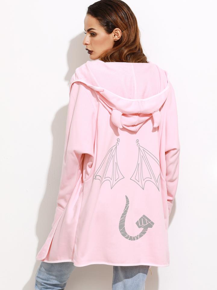 Romwe Pink Little Devil Printed Back Hooded Coat