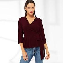 Romwe Scallop Trim Belted Wrap Peplum Blouse