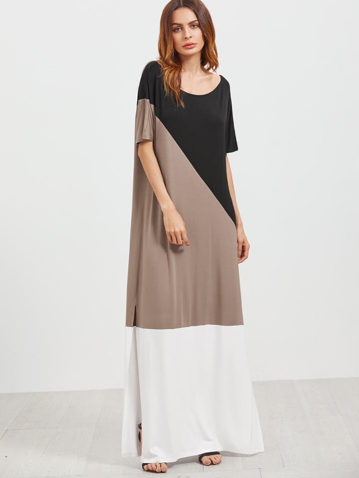 Romwe Color Block Scoop Neck Side Slit Maxi Dress