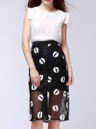 Romwe Sleeveless Top With Lips Print Split Mesh Skirt