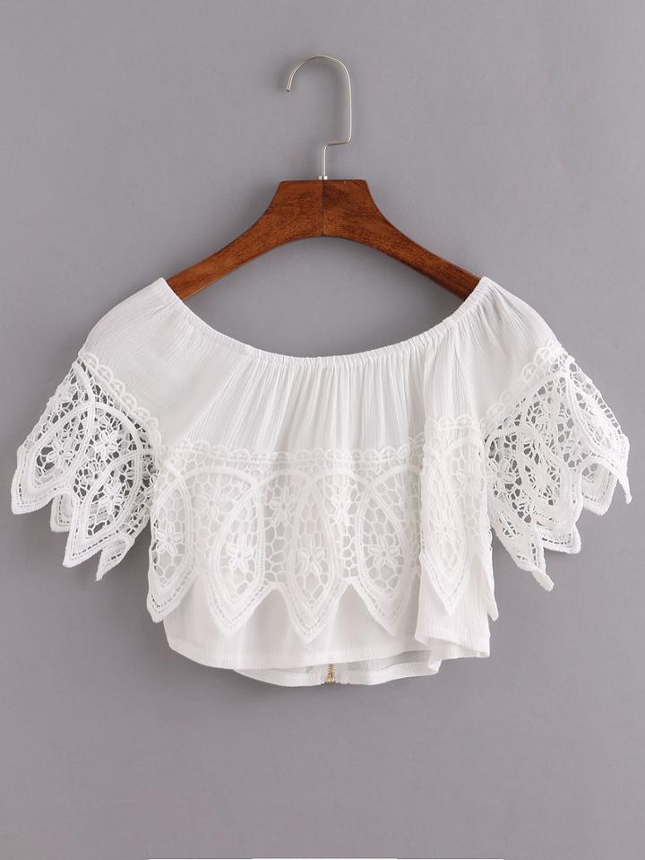 Romwe Zip Front Lace Trimmed Crop Top - White