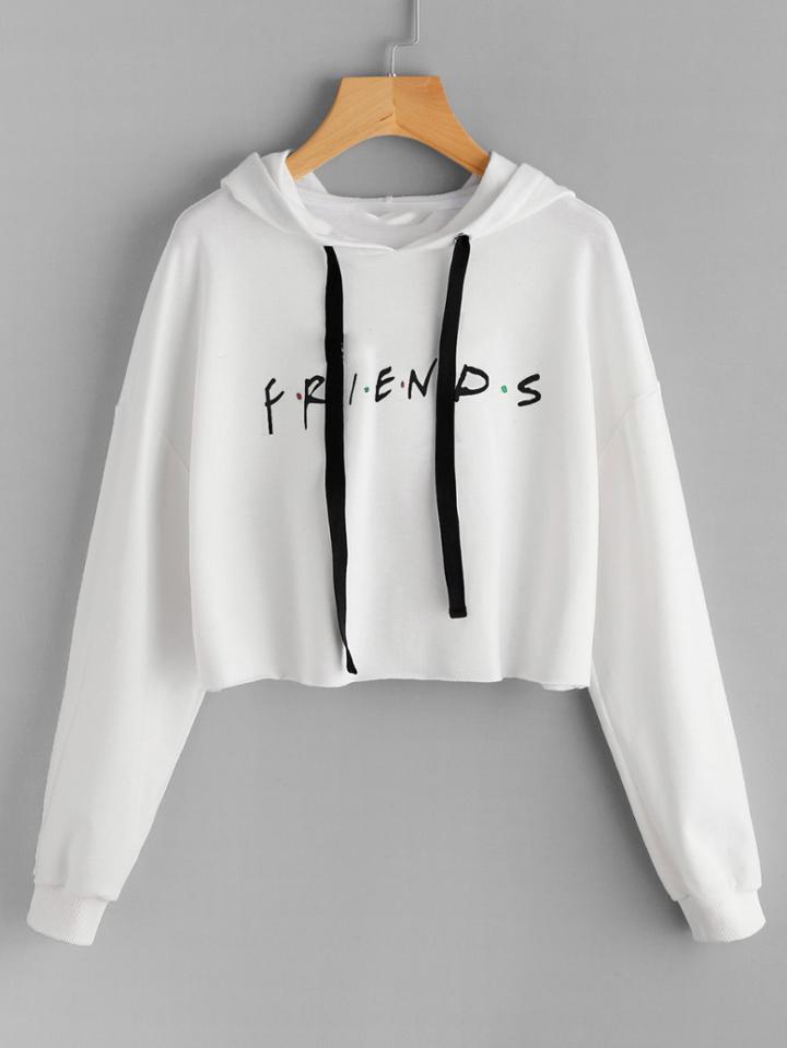 Romwe Friends Print Drop Shoulder Raw Hem Hoodie