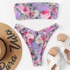 Romwe Lace-up Floral Bandeau Top With Bikini Set