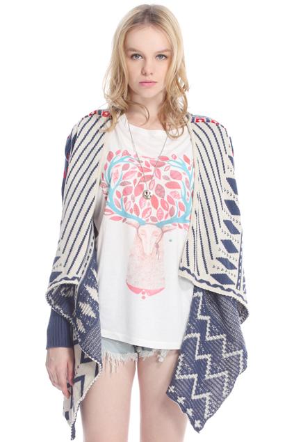 Romwe Retro Asymmetric Geometric & Zigzag Blue Cardigan